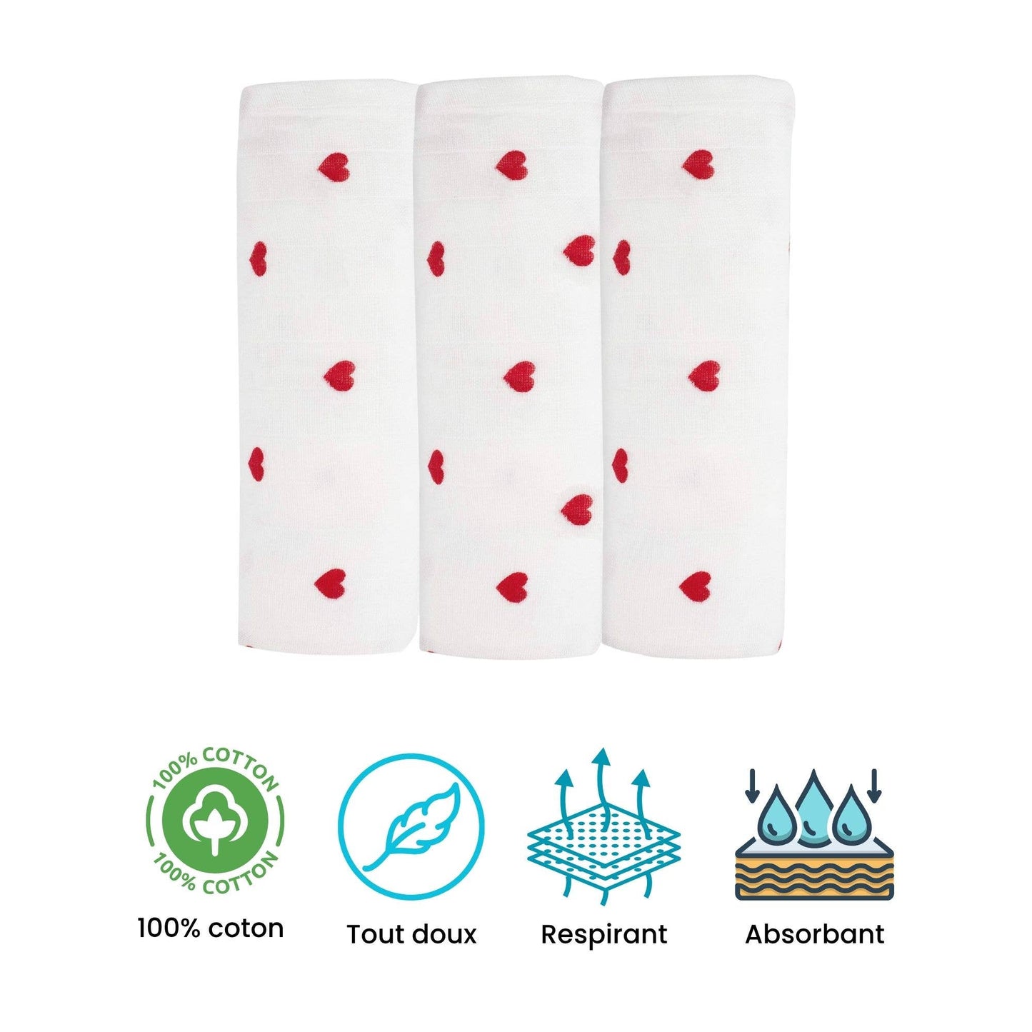 Lot de 3 langes 70x70cm - Coeurs Rouge